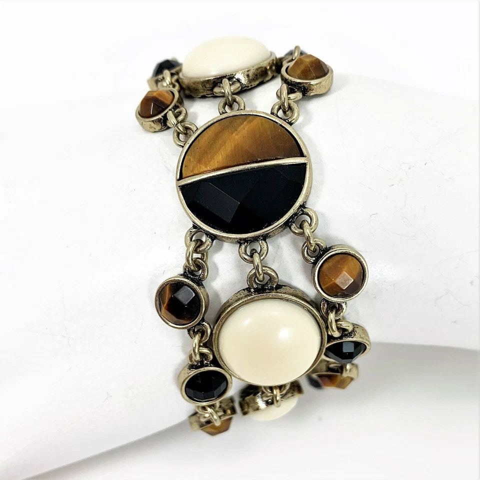 Lucky Brand Tigers Eye Wide Bracelet Faceted Stones Gold Tone Multi Chain - Image 2 of 4