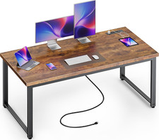 55" Rustic Brown Desk with Power Outlets, USB-C, Heavy Duty Metal Frame