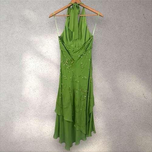 Vtg BCBGMaxazria Silk Halter Sequin Dress Y2K Babydoll Asymmetrical Fairy Sz 10P - Picture 5 of 8