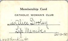 1924 Catholic Womans Club Life Membership Card Miss Alice Dooley Franklin St