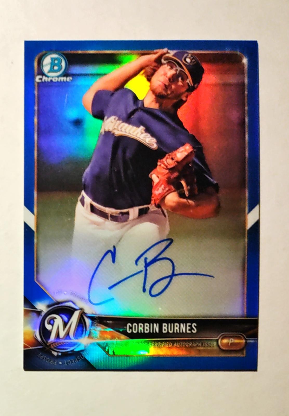 Corbin Burnes RC AUTO 2018 Bowman Chrome BLUE REFRACTOR 054/150 Brewers K6