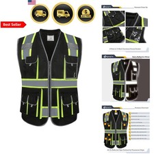 10 Pockets Hi-Vis Zipper Front Black Safety Vest Cushioned Collar High Re...
