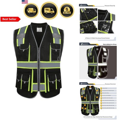 10 Pockets Hi-Vis Zipper Front Black Safety Vest | Cushioned Collar | High Re...