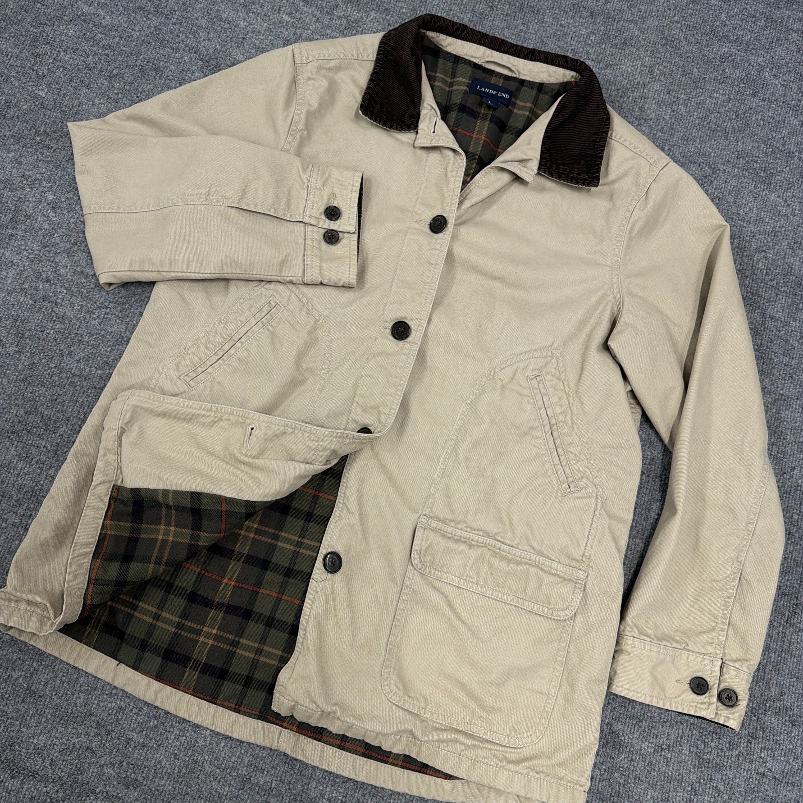Lands End Chore Jacket Women Large Cream Barn Field Coat Flannel Lined Corduroy