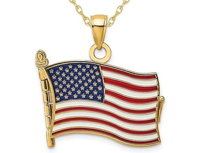 14K Gelbgold Pledge Treue amerikanische Flagge Anhänger mit Kette