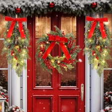 3 Pack Pre-Lit Christmas Wreath and Swag with Lights 24" Artificial Christmas Te
