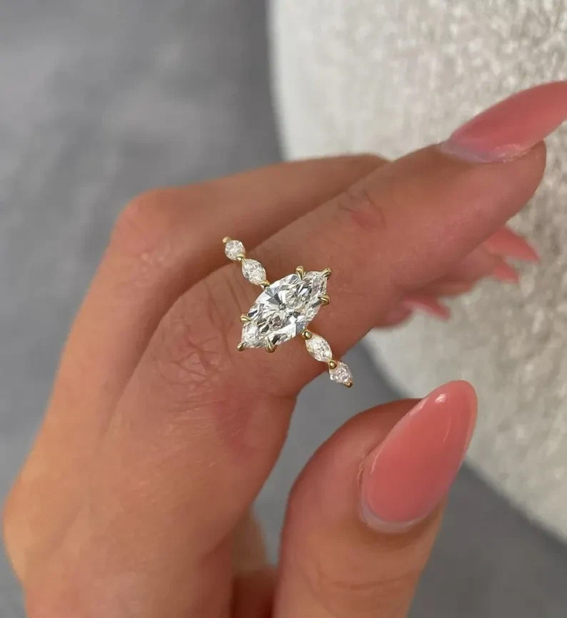 2.20 Ctw Marquise GRA Moissanite Women's Engagement Ring 14K Yellow Gold Plated