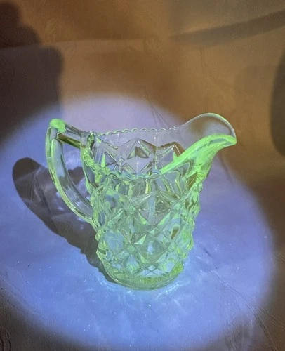Uranium Glow Imperial Depression Glass "LITTLE JEWEL" 1 pt Pitcher Diamond Block