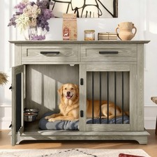 44.48" Large Dog Crate Furniture Indoor Wooden w/2 Storage Drawers Rotating Bowl