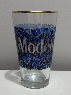 MODELO BEER PINT GLASS VIVE EL FOOTBALL CLEAR BLUE DESIGN GOLD RIM COLLECTIBLE