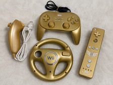 RARE Club Nintendo Zelda Gold Wii Remote Plus Nunchuk Classic Pro Wheel Set