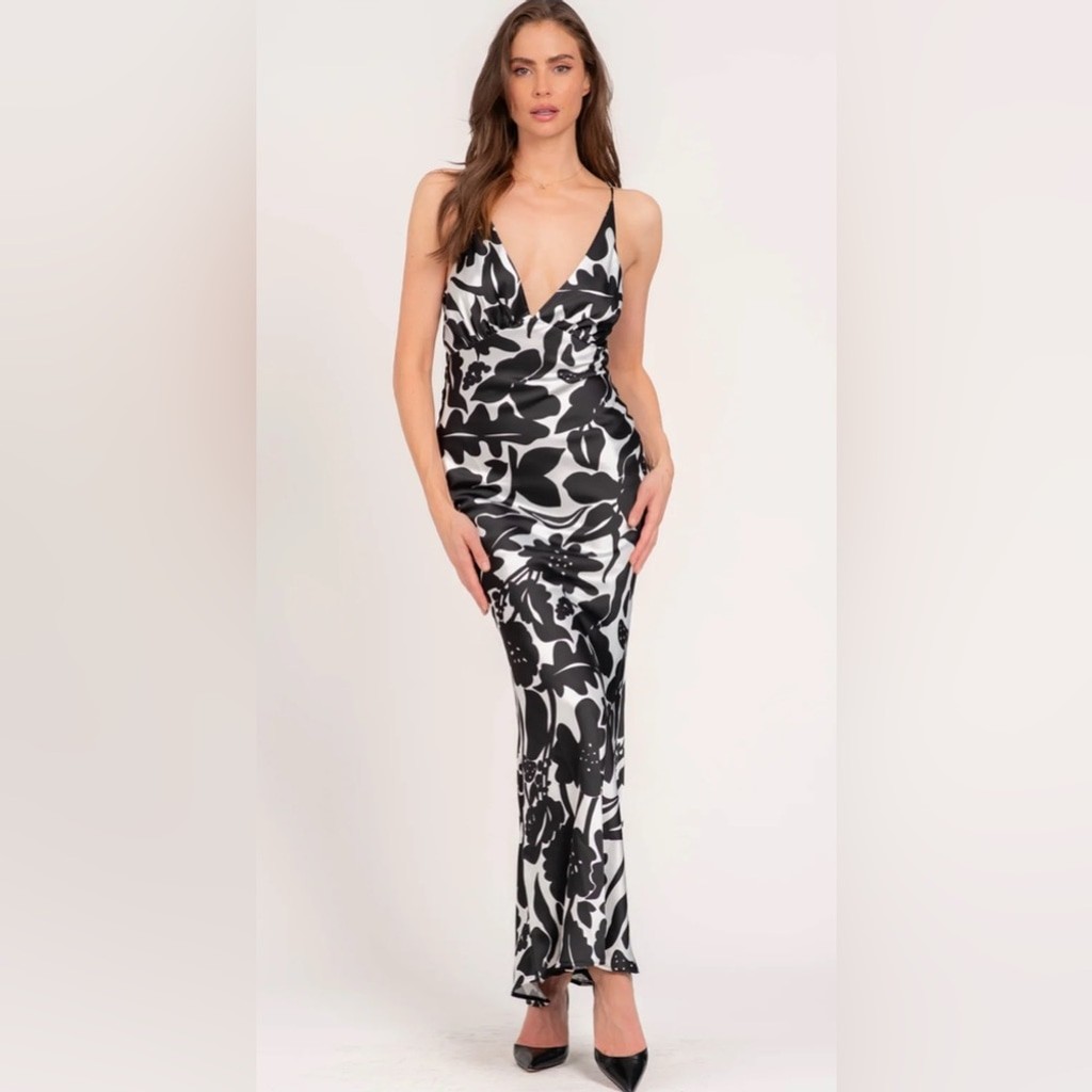Lavender Alaia Floral Black and Ivory Maxi Dress