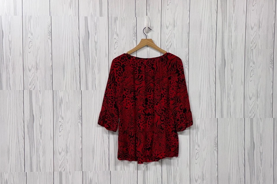 Blusa Kensie Mujer Talla Extra Grande Manga Larga Top Rojo Estampado Pullover Foto 4 de 4