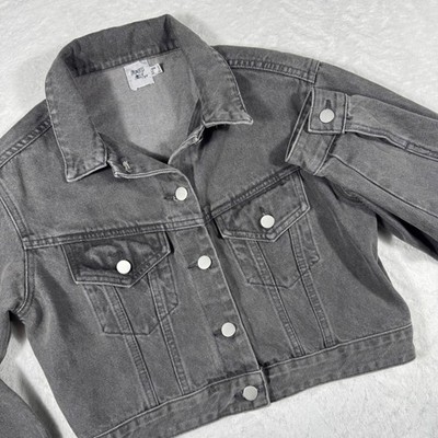 Princess Polly Grey Denim Jacket Cropped Button Front Washed Charcoal US 2