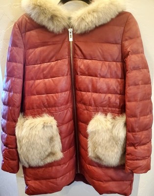 Koradior Red Sheepskin Duck Down Puffer Coat w/ Fox Fur Trimmed Hood & Pockets