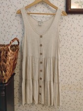 Linen Rayon Tiered Dress Small Knee Length Button Front Layering Tunic