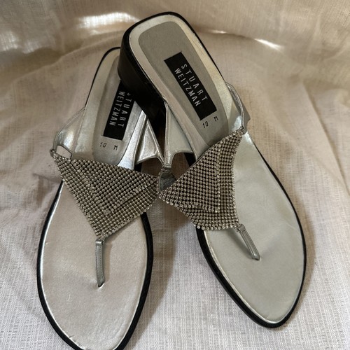 STUART WEITZMAN Sandals 10 M SILVER METALLIC ROMAN CHAINMAIL THONGS MADE SPAIN