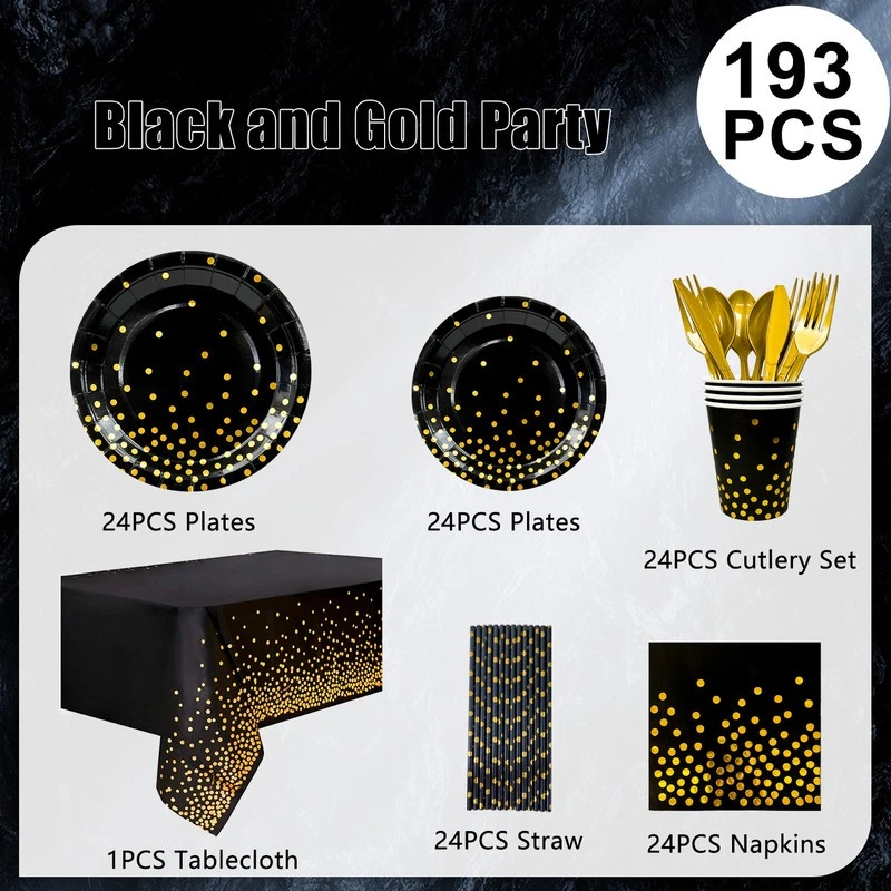 Vajilla de fiesta de cumpleaños negra y dorada decoraciones platos tazas servilletas mantel Foto 2 de 4