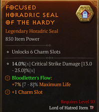 💥DIABLO 4💥SEASON 14 DA💥Seal💥Bloodletter's Flow 1 Charm Slot +Life+Crit GGEI