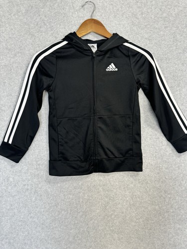 Adidas Boy's Track Jacket Hoodie Black Stripe ESS 3S HOOD CTN Sz 7 Full Zip EUC - Picture 2 of 9
