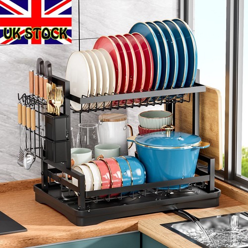Estante de secado de platos de 2 niveles escurridores de platos para mostrador de cocina soporte de cubiertos de almacenamiento - Imagen 1 de 12