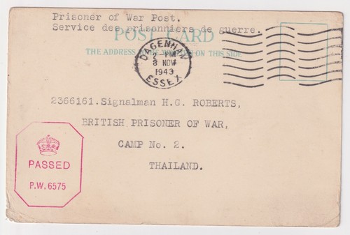 WW2 Far East British Prisoner of War Card Dagenham to Thailand 1943 Censored