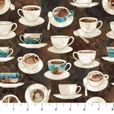 Cotton Coffee Cups and Saucers Brown Cotton Fabric Print by the Yard D570.23