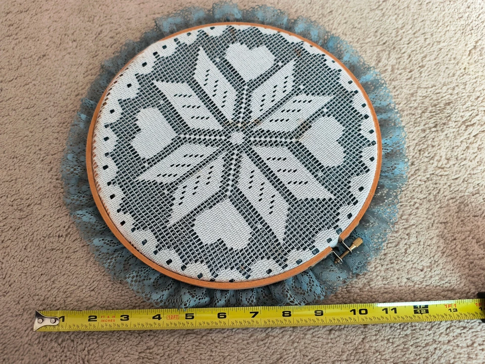 Wooden Framed Round Embroidery-Needlework-Hearts With White Lace Border - Image 2 of 4