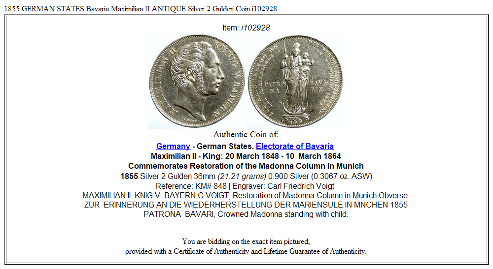 1855 GERMAN STATES Bavaria Maximilian II ANTIQUE Silver 2 Gulden