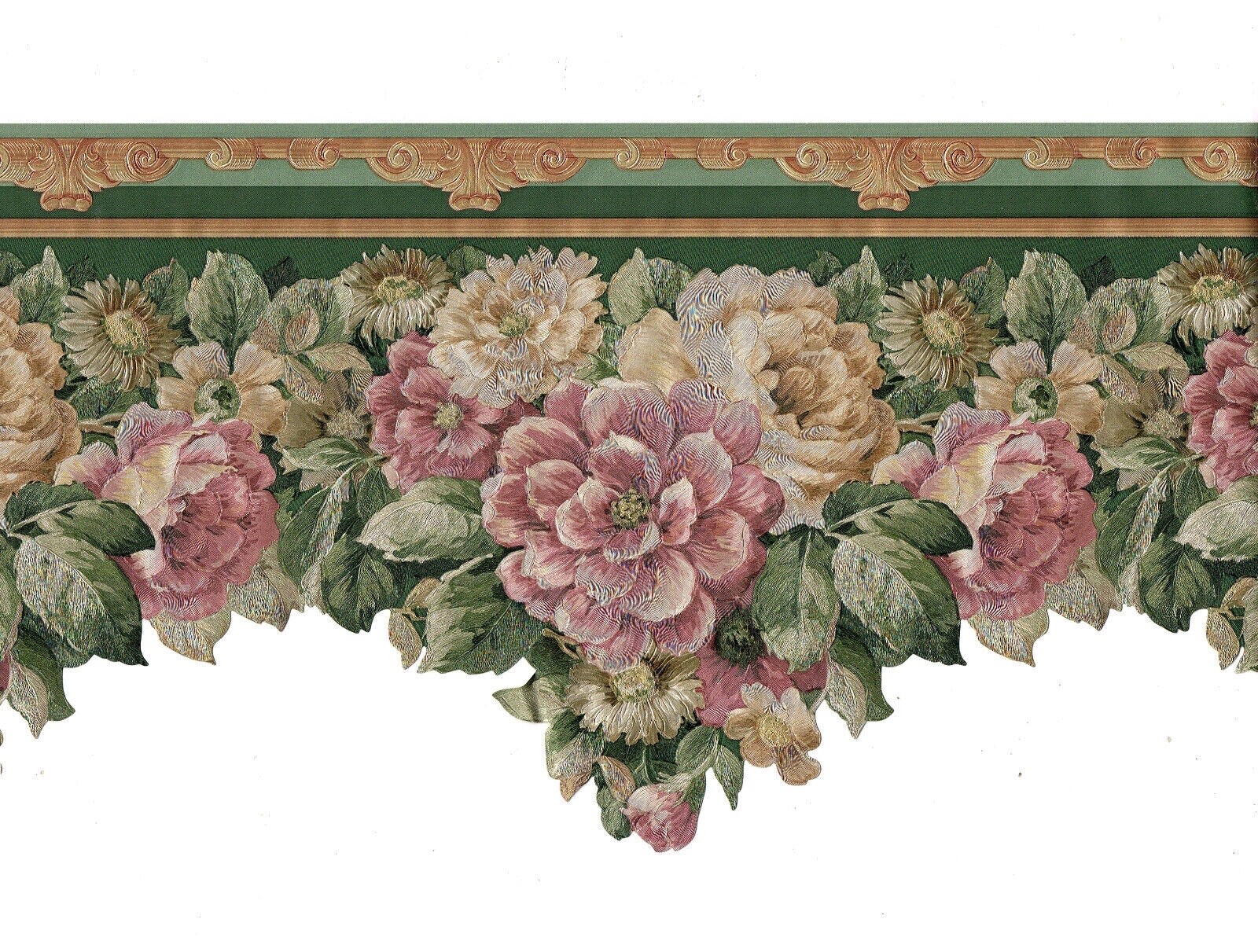Village wallpaper border 5803230 scalloped green mauve pink rose floral 15'