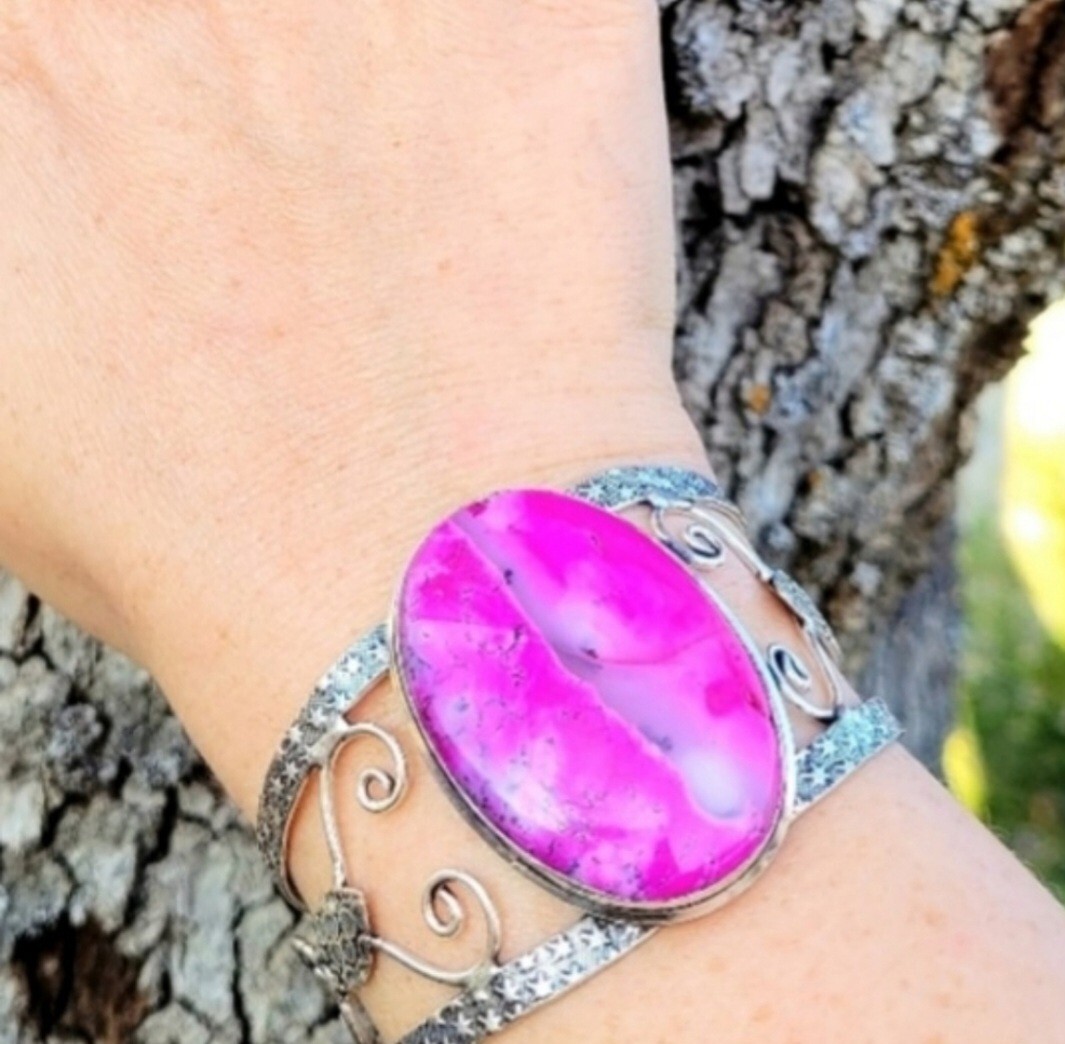 Artisan Hot Pink Dendrite Opal Sterling Silver Stamped .925 Bangle Bracelet