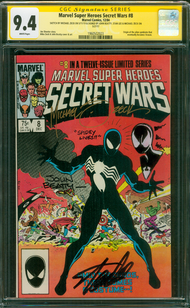 Secret Wars 8 CGC 9.4 3XSS Sketch Stan Lee 1st Spider Man Black