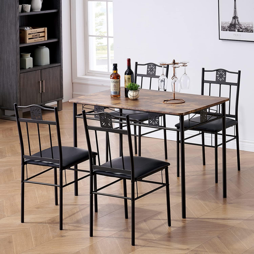 Kitchen Dining Room Table Sets for 4, 5 Piece Metal and Wood Rectangular Brea...