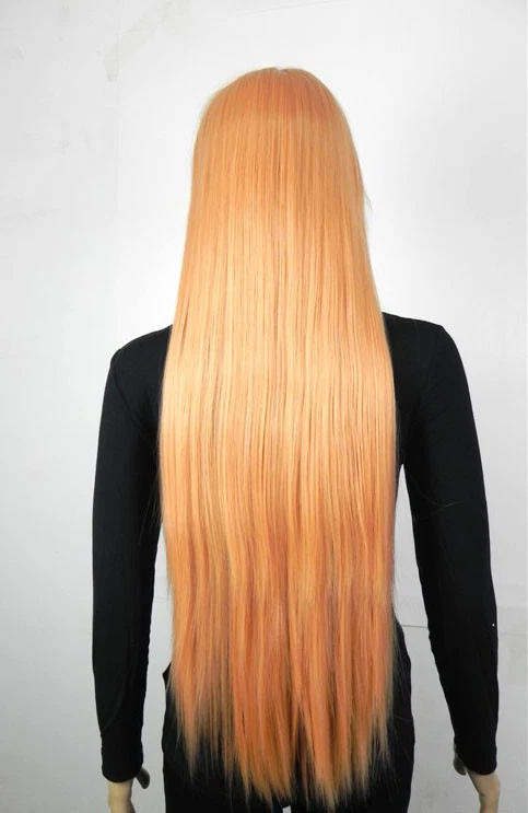 Moda Largo Naranja Oblicuo Flequillo Recto Mujeres Juegos con disfraces Peluca de Pelo Pelucas + Gorra Peluca Foto 4 de 4