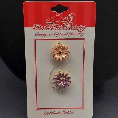 Red Hat Society Enamel Flower Pins Pink Purple Swarovski Crystal
