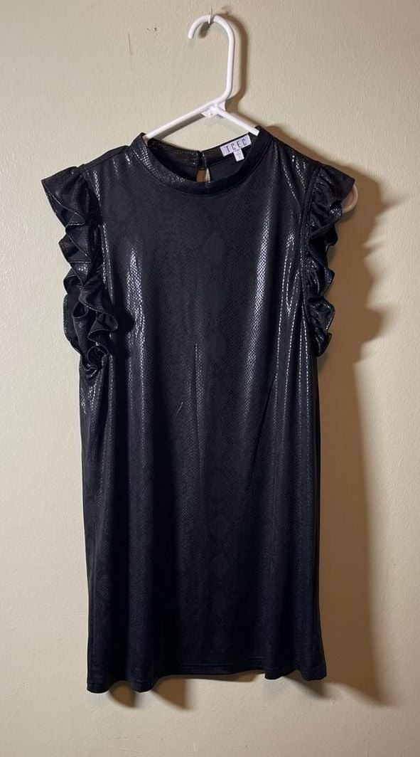 Edgy & Modern Black Faux Leather Dramatic Snake Print Mini Dress, Size S