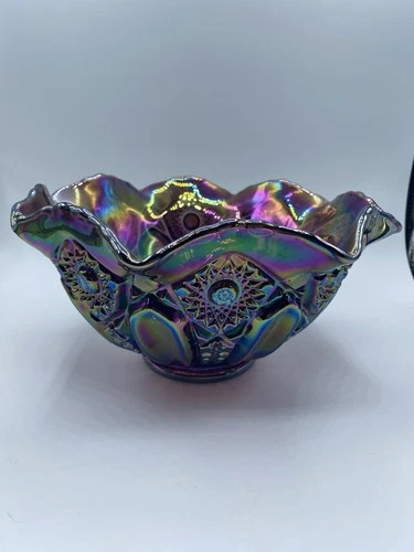 Vtg. LE Smith Cranberry Tone Quintec Carnival Glass Centerpiece Bowl  10.25”