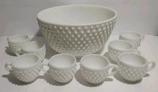 Fenton Hobnail Milk Glass Punch Bowl Set