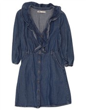 ZARA Womens Ruffle Front 3/4 Sleeve Denim Dress UK 6 XS Blue Cotton AJ11