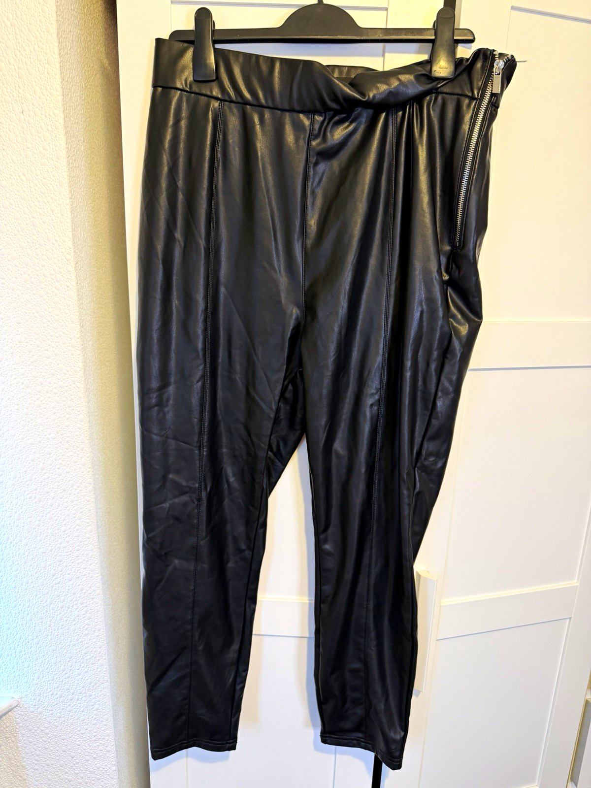 Women’s Black Faux Leather Ankle Leggings with Zip Detail, Stretch Elastic Waist