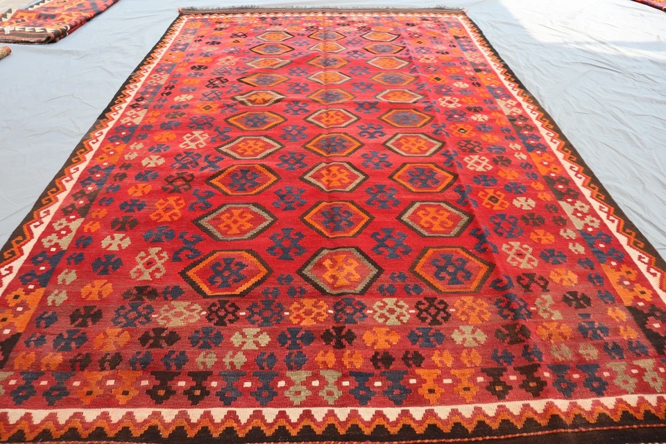 Alfombra Kilim Maimana Afgana 6x10 - Patrón Medallón Tribal Hexágono - Rojo y Naranja Foto 3 de 4