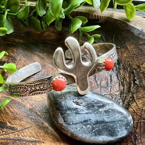 925 Sterling Silver Cactus Cuff Bracelet Red Coral Southwest Jewelry - Picture 3 of 9