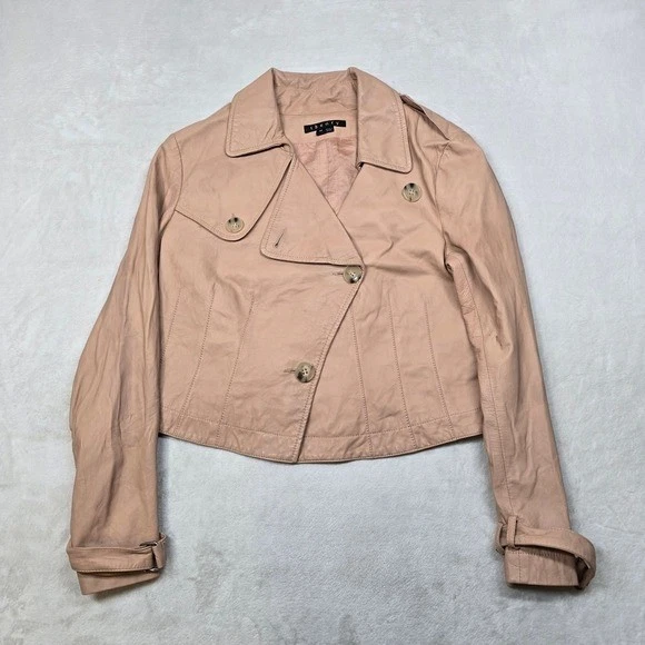 Chaqueta de cuero Theory Lamb para mujer mediana Sand Dune Nani recortada Moto Foto 2 de 4