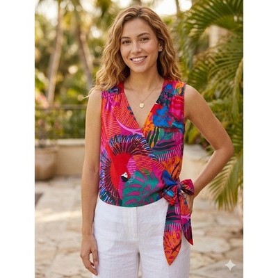 Joie Tropical Parrot Print Sleeveless V-Neck Blouse Magenta Red Tie Waist XS