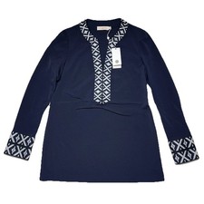 Tory Burch Tunic Taping Top Size 0 Navy Blue Embroidered Sleeves Neck