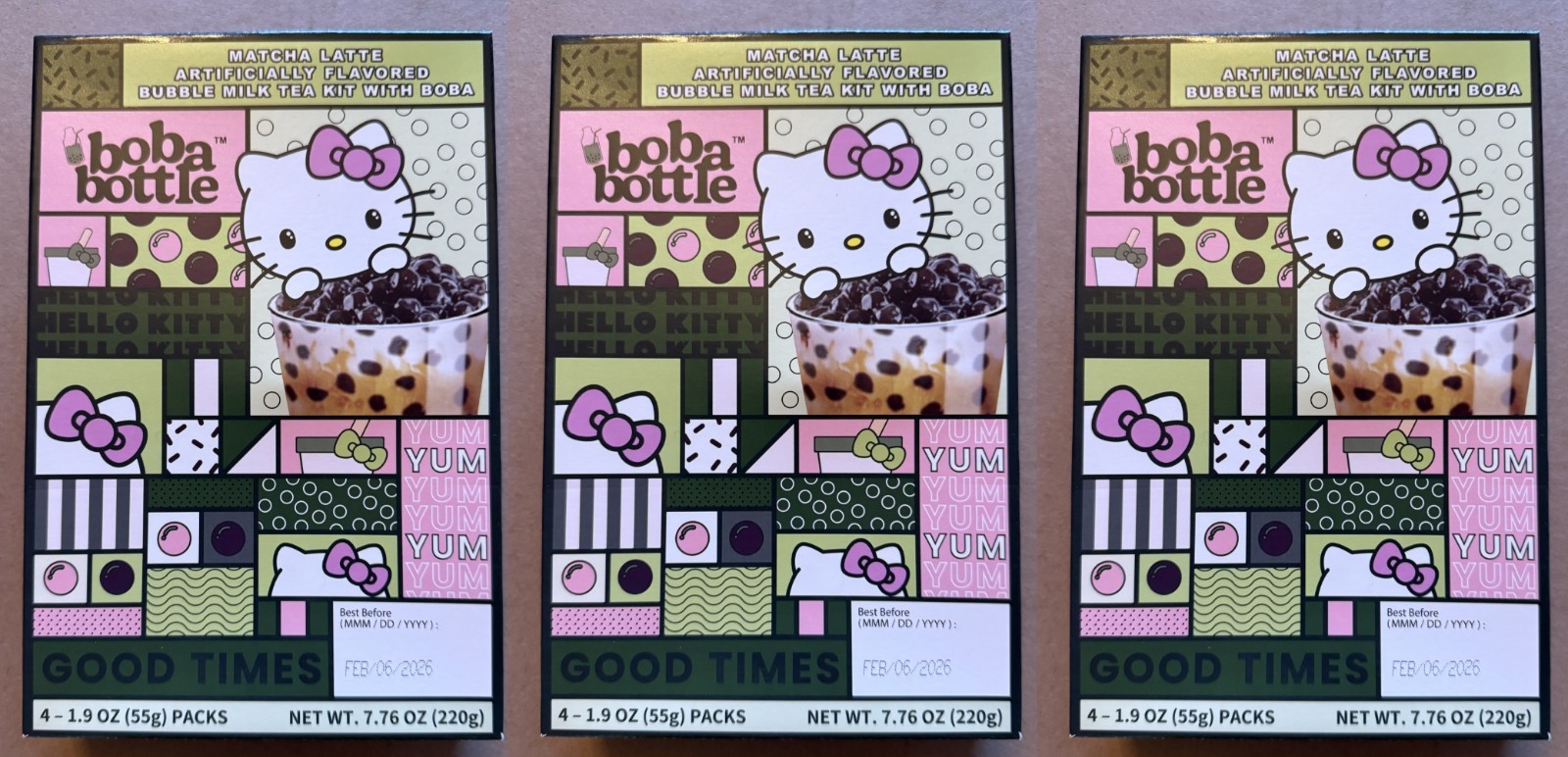 Lote de 3 KIT DE TÉ HELLO KITTY BOBA LECHE BURBUJA SABOR MATCHA VERDE Nuevo Precintado
