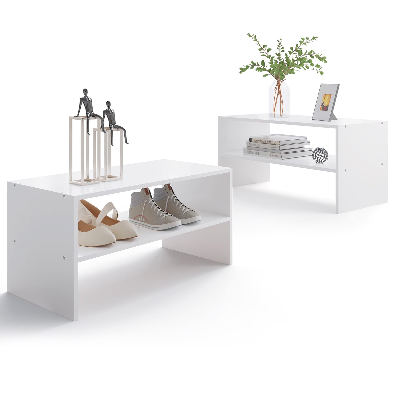 2-Tier White Wooden Shoe Rack Stackable Organizer Holds 6-9 Pairs 2-Pack