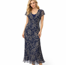 Lauren Ralph Lauren Navy Floral 100% Silk Midi Dress w/ Slip Size 6 Cap Sleeve