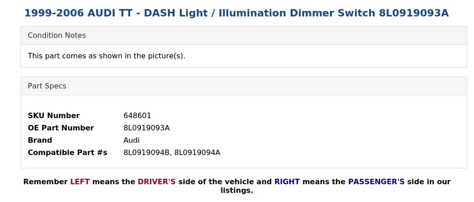 AUDI TT 1999-2006 - Interruptor atenuador de luz/iluminación DASH 8L0919093A Foto 3 de 4