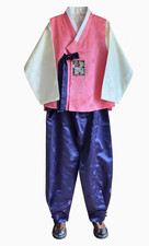 Men's Korean Traditional Silk Hanbok Set-Coral Vest/Ivory Top /Deep Purple Pants